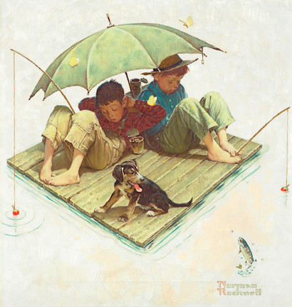 Bonhams : Norman Rockwell (1894-1978) Me and My Pal Fishing Raft 14 1/8 x  13 1/8 in. (35.9 x 33.3 cm.) (Painted in 1954.)