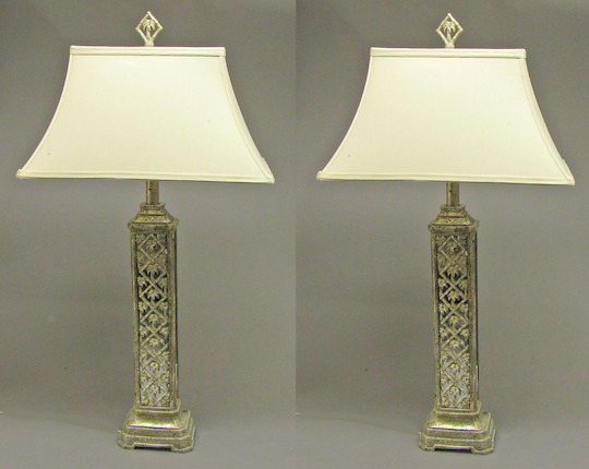 Pair Mid-Century Neoclassical Cut Crystal & Brass Table Lamps