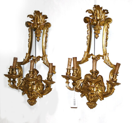 Bonhams : A pair of Louis XIV style gilt bronze four light bras de ...