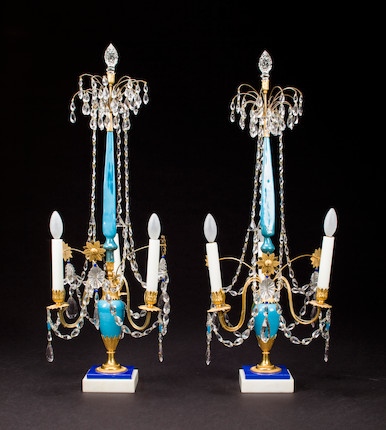 Pair of Large Austrian Clear Cut Crystal & Mounted Gilt Bronze