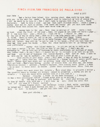 Bonhams : HEMINGWAY, ERNEST. 1899-1961. Typed Letter Signed (Papa), 1 p,  February 18, 1955, San Francisco de Paula, Cuba, on Finca Vigia stationery