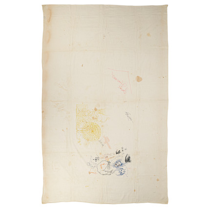 A TABLECLOTH WITH AUTOGRAPHS AND DOODLES DONE BY THE BEATLES AND JOAN BAEZ BEFORE THE BEATLES' LAST CONCERT AT CANDLESTICK PARK, 1966 image 1