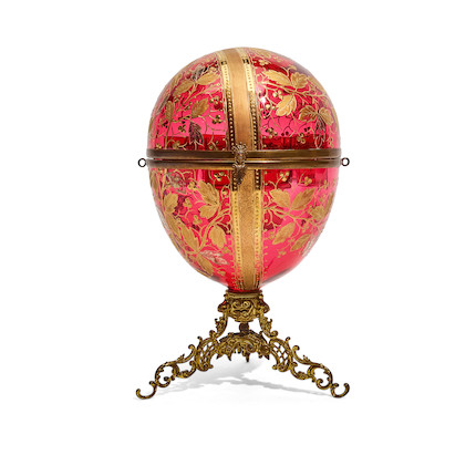 Bonhams : A MOSER BRASS MOUNTED GILT, SILVERED AND ENAMELLED RUBY GLASS ...