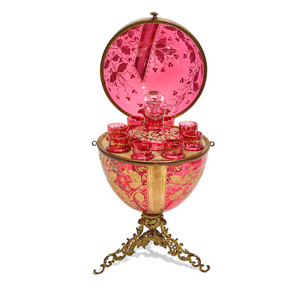 Bonhams : A MOSER BRASS MOUNTED GILT, SILVERED AND ENAMELLED RUBY GLASS ...