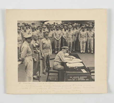 NIMITZ INSCRIBED PHOTOGRAPH TO ADMIRAL BYRD UPON THE JAPANESE SURRENDER. BYRD, RICHARD. 1888-1957; NIMITZ, CHESTER W. 1885-1966. Photograph Signed twice (C.W. Nimitz) and Inscribed to Rear Admiral Richard E. Byrd, U.S.N. image 1