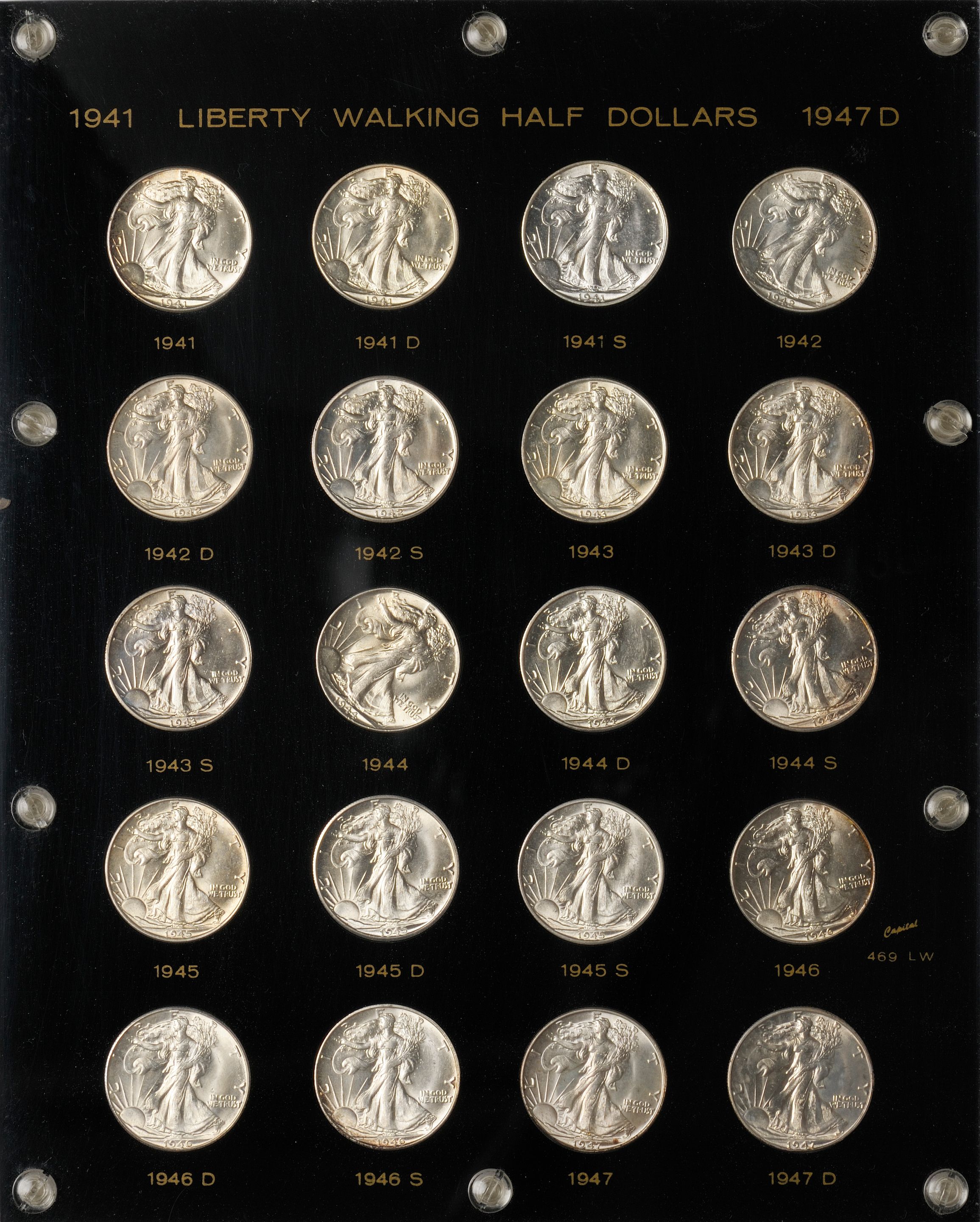 Bonhams : Walking Liberty Half Dollars, 1941-1947-D in Capital Plastics  Holder
