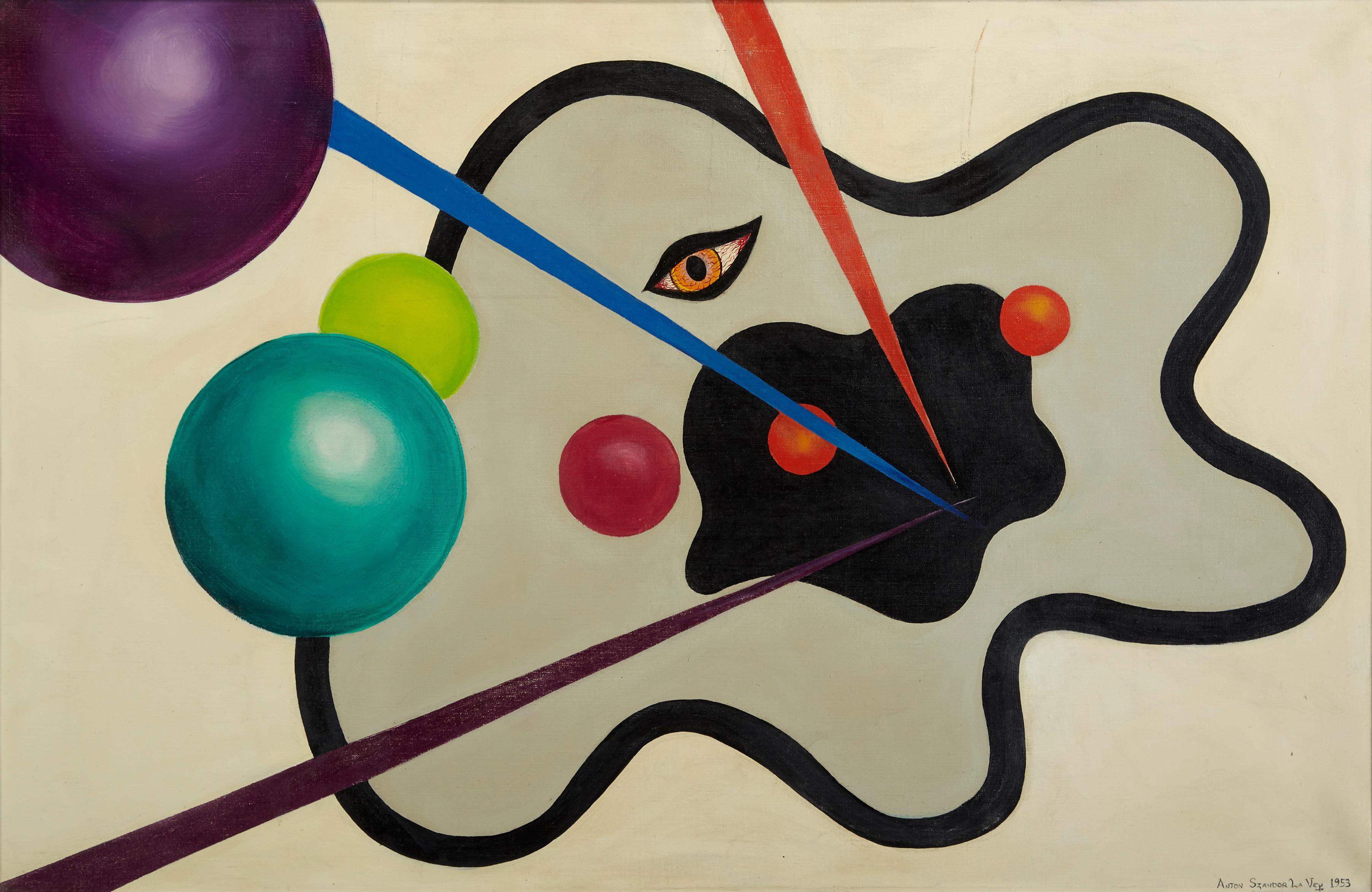 Bonhams : LAVEY, ANTON SZANDOR. 1930-1997. Original oil on canvas, untitled  abstract, 26 x 40 inches, signed (Anton Szandor LaVey) at lower right, 1954,