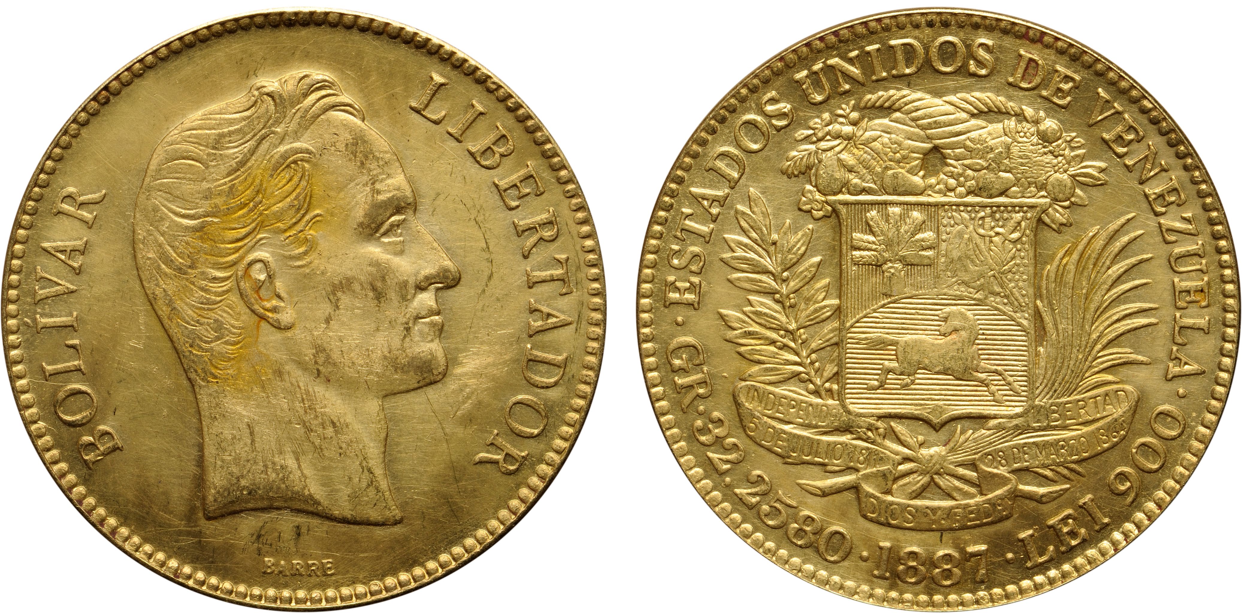Bonhams : Venezuela, 1887 100 Bolivares