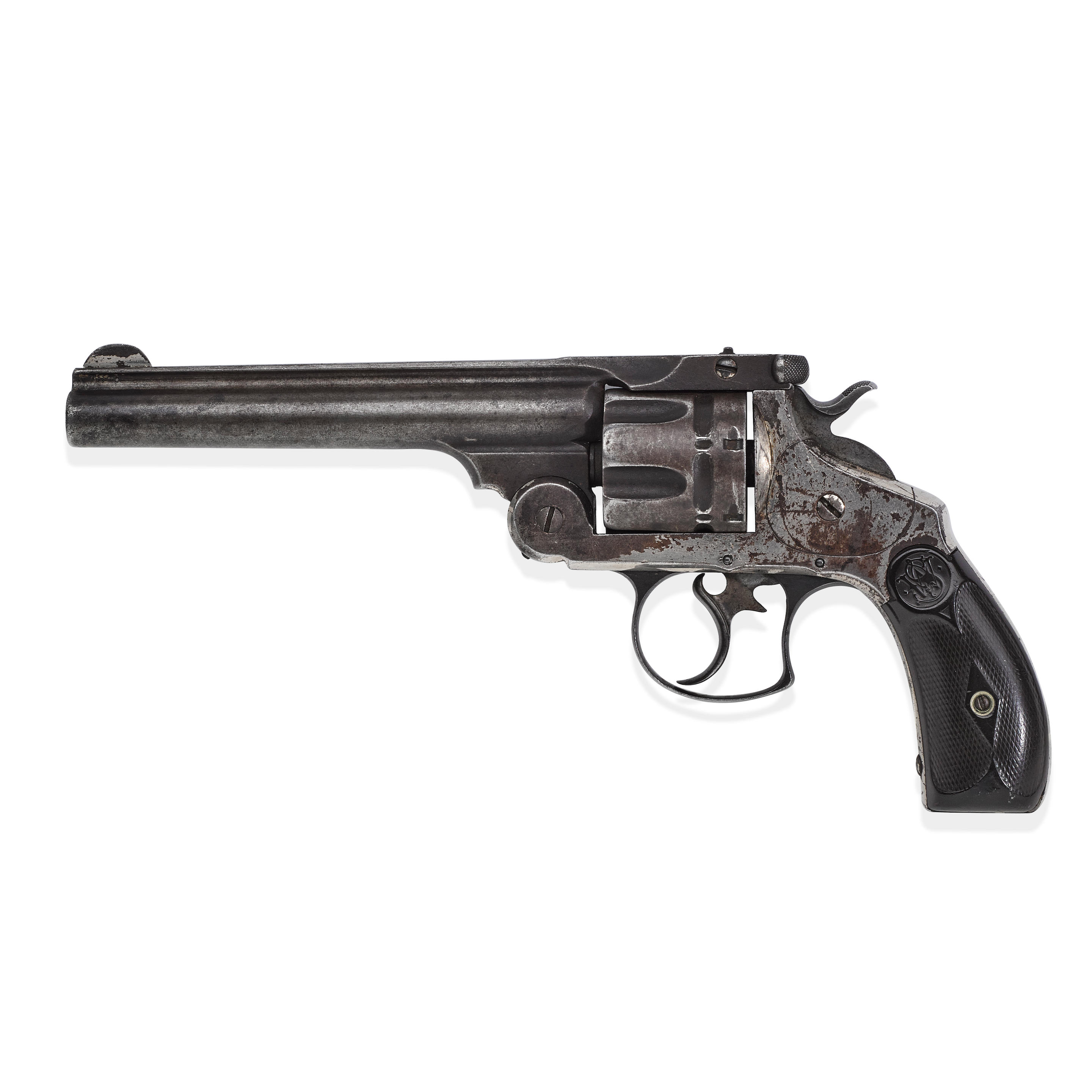 Bonhams : JOHN WESLEY HARDIN'S SMITH & WESSON DOUBLE ACTION FRONTIER  REVOLVER CARRIED WHEN HE WAS KILLED BY JOHN SELMAN. Serial no. 352, circa  1887, .44-40 caliber 6 inch barrel with two line address.