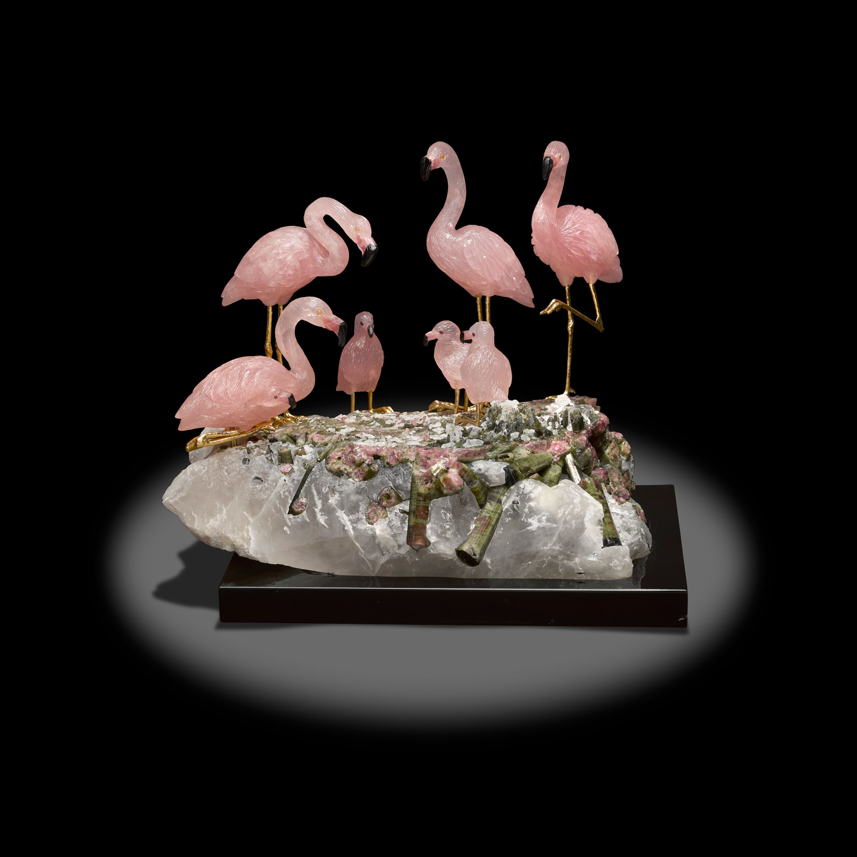 Bonhams : Rose Quartz Carving of a Flamboyance of Flamingos by Peter Muller