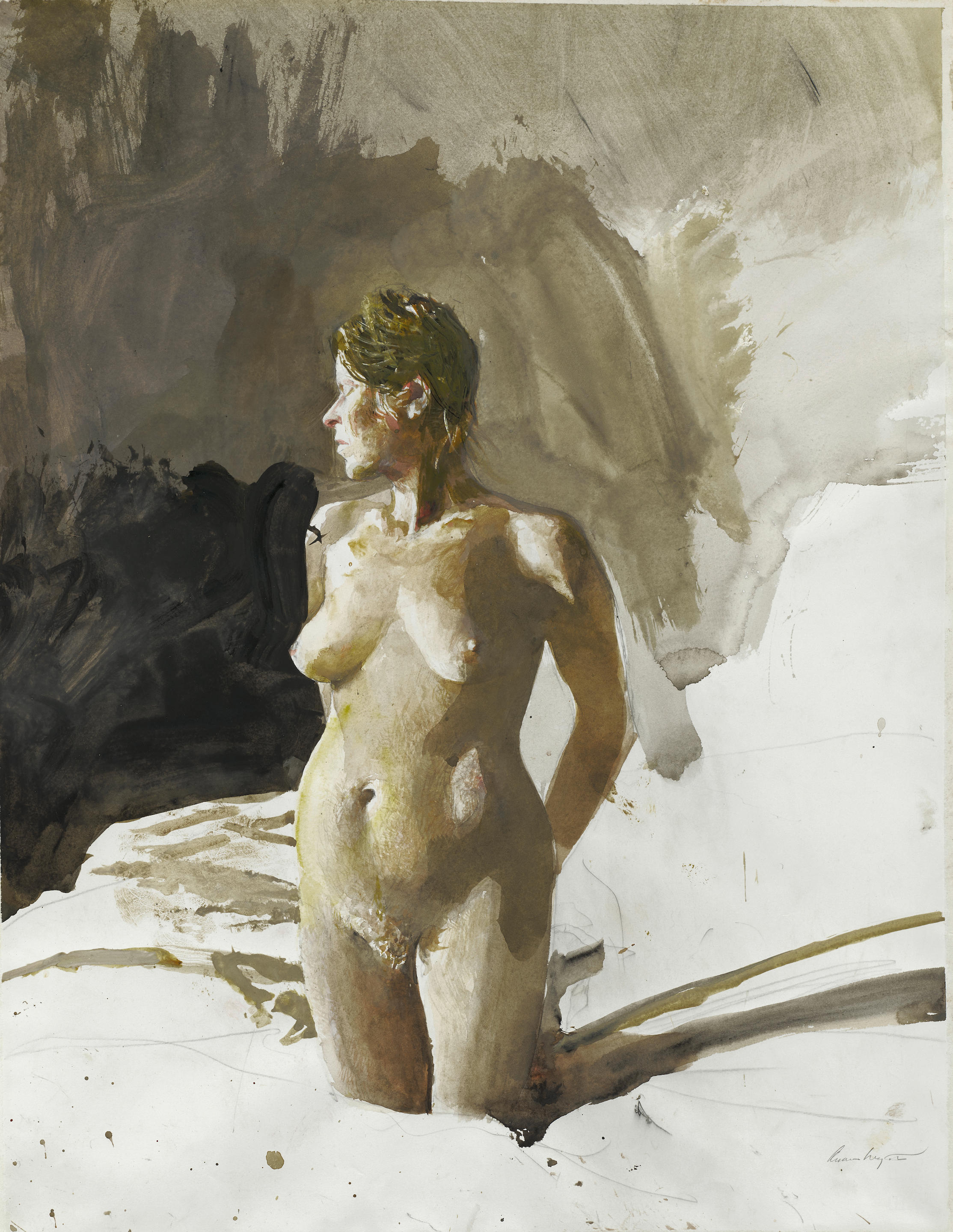 Bonhams : Andrew Wyeth (1917-2009) On Her Knees 25 3/8 x 19 5/8 in. (64.5 x  49.9 cm.) (Executed in 1975.)