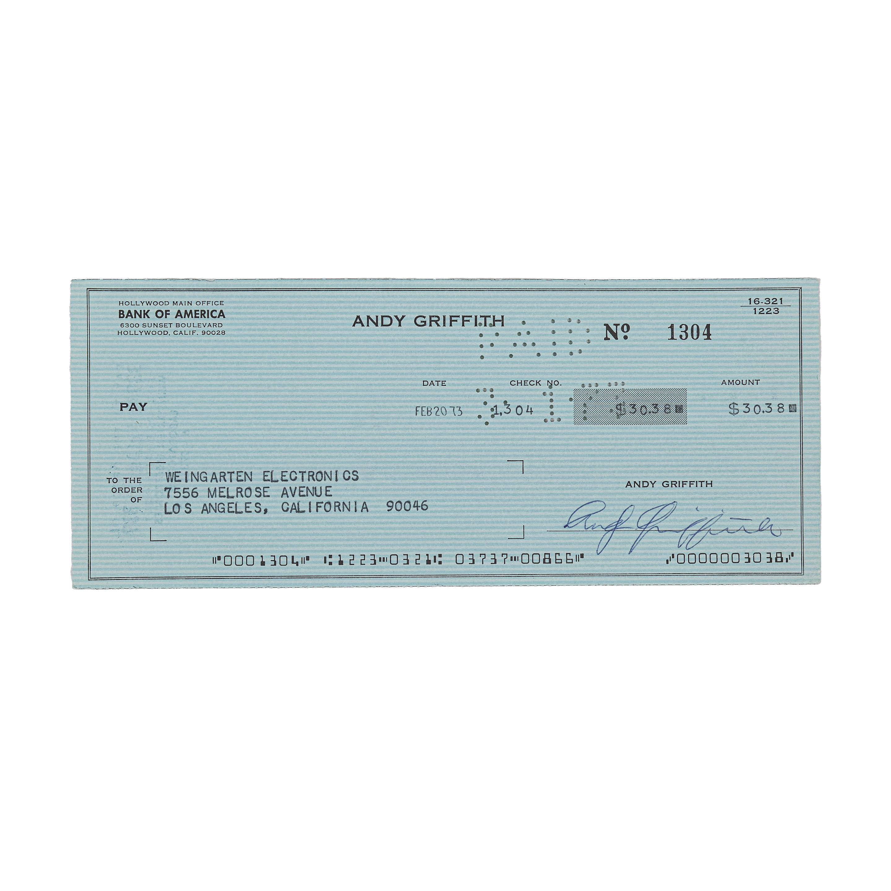 Bonhams : Andy Griffith Signed Bank Check.