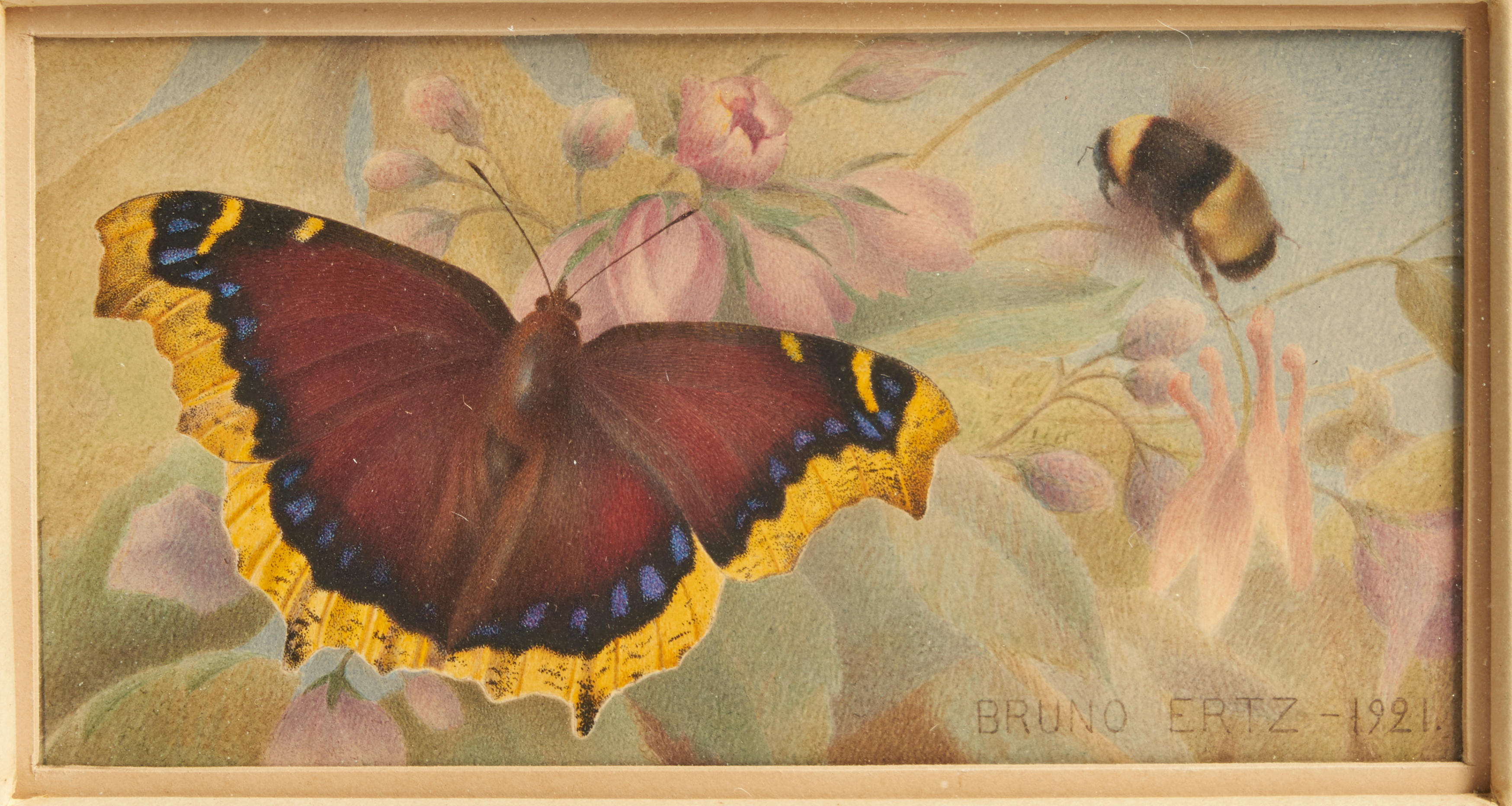 Bonhams Skinner : BRUNO ERTZ (American, 1873-1956) Butterfly and Bee (sight  size 2 1/2 x 4 3/4 in (6.4 x 12.1 cm)period frame 10 3/4 x 16 x 2 1/2 in  (27.3 x 40.6 x 6.4 cm))