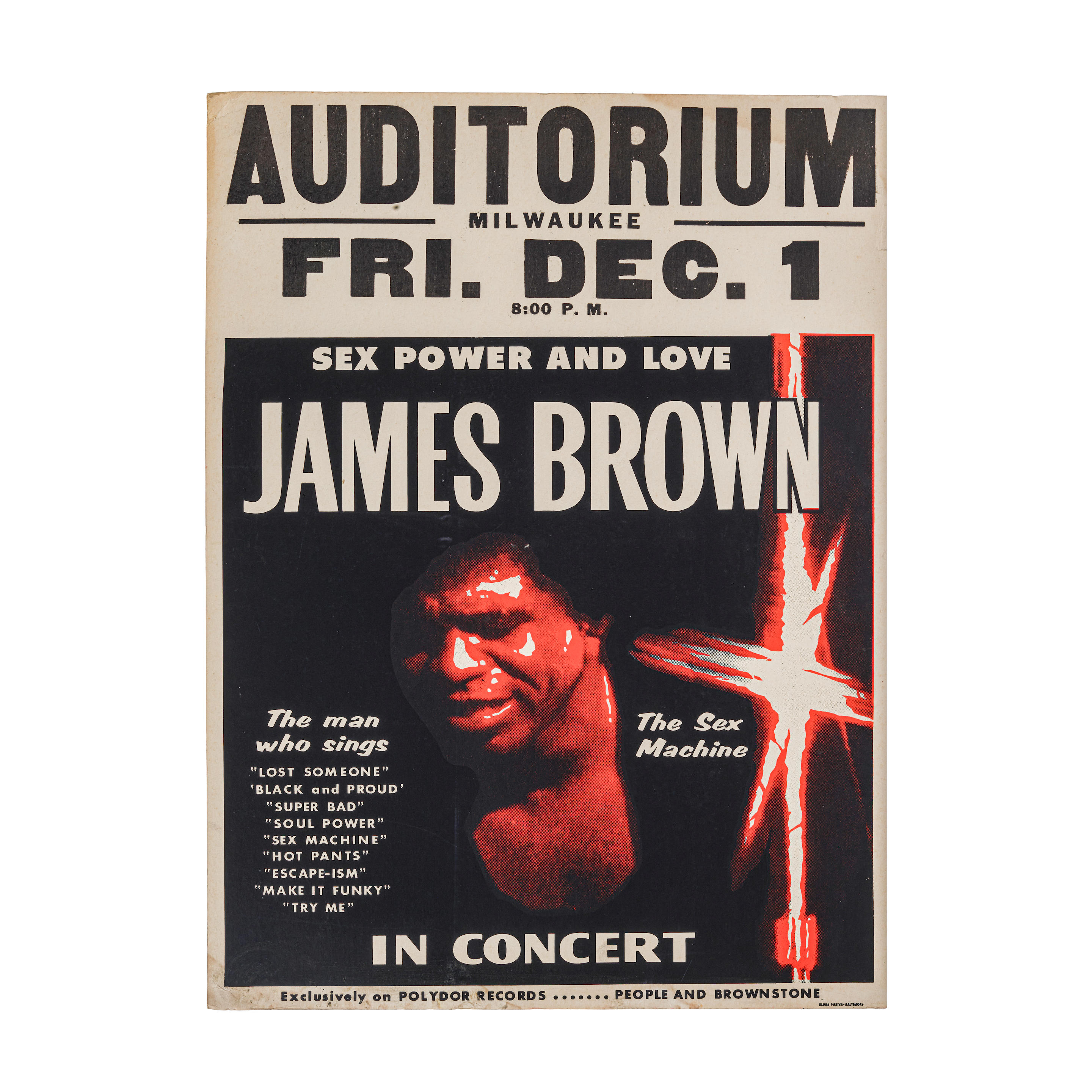 Bonhams : James Brown Sex Power and Love Milwaukee Auditorium Globe Concert  Poster.