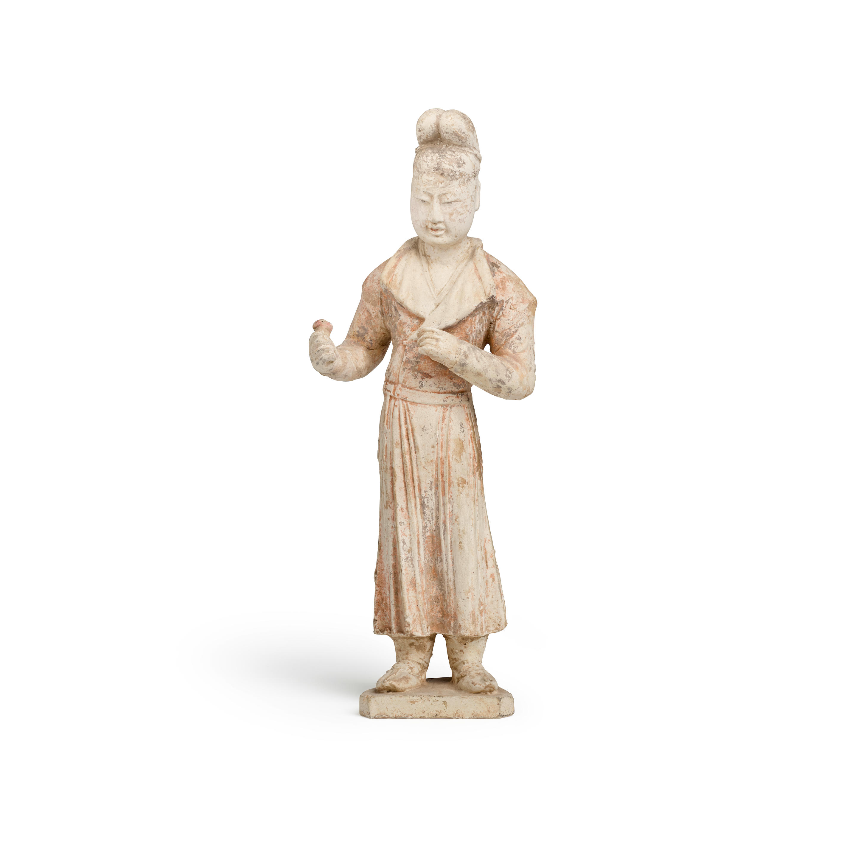 A PAINTED POTTERY FIGURE OF MALE COURTIER