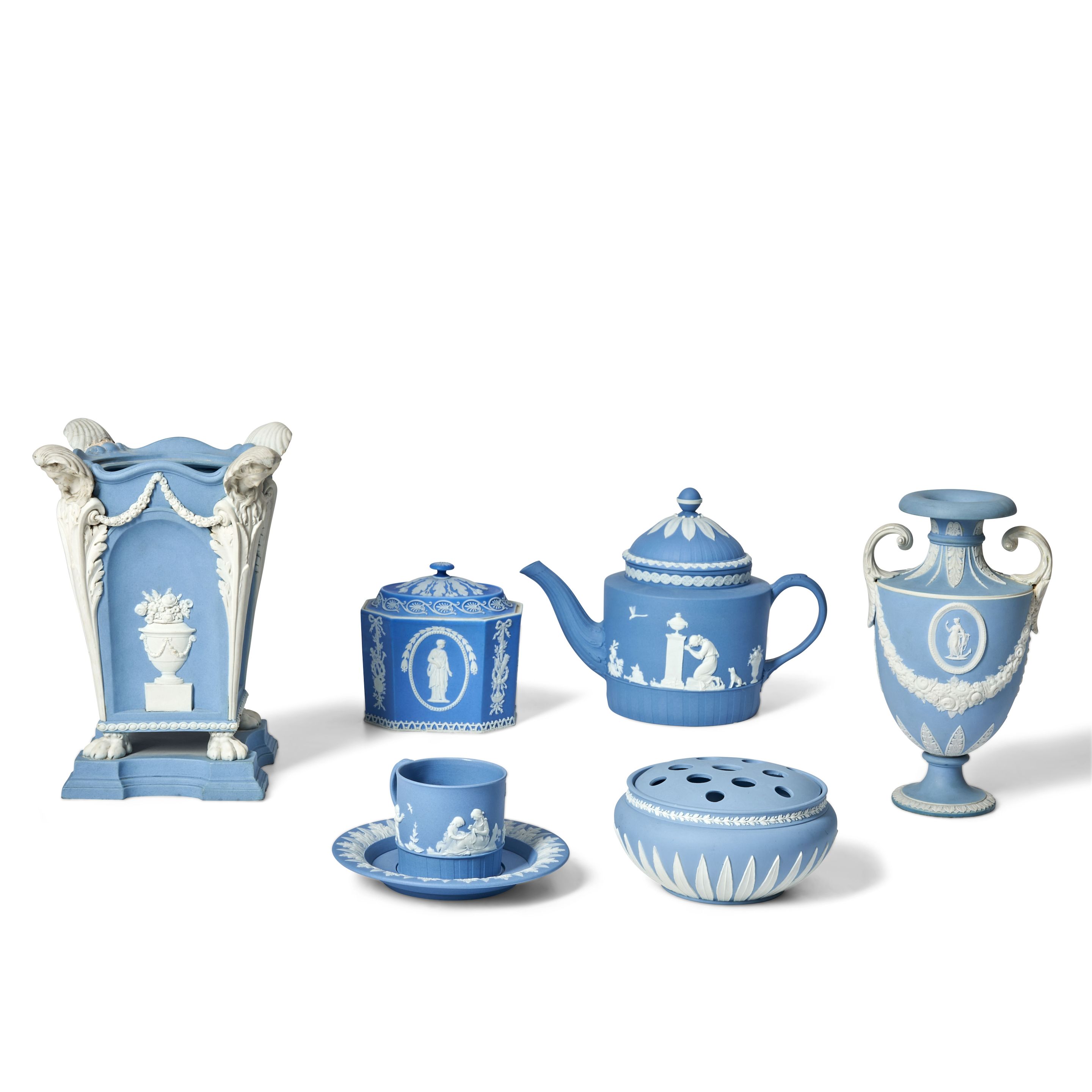 Bonhams Skinner : Six Wedgwood Blue Jasper Items, England, 19th