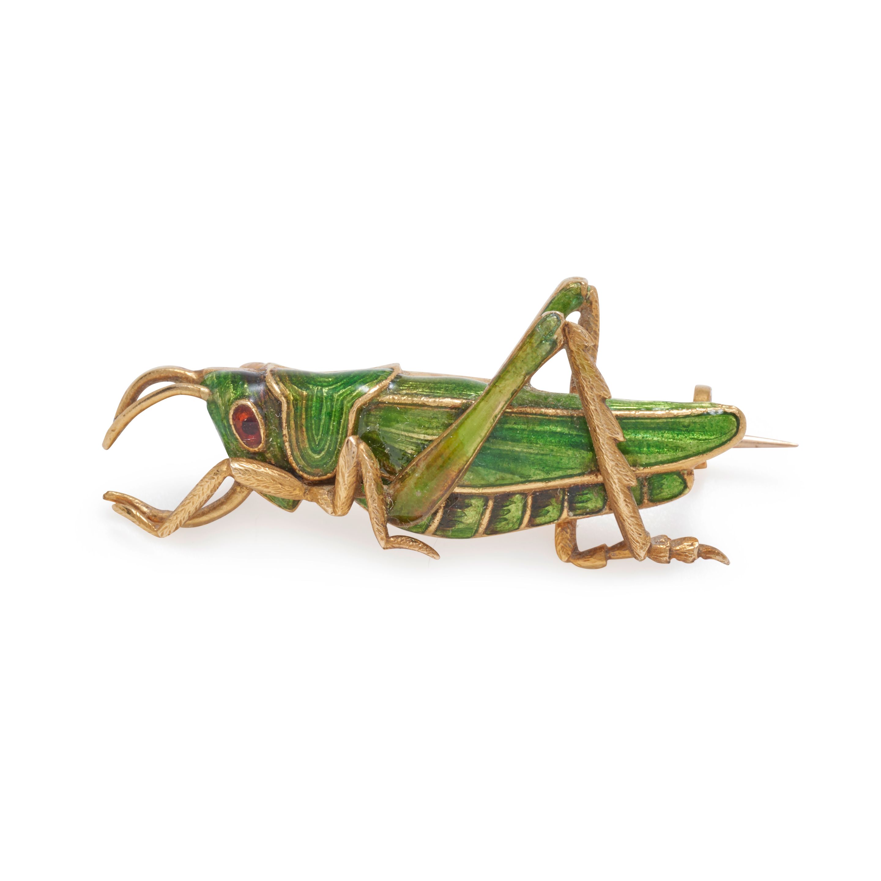 Bonhams Skinner AN ANTIQUE 18K GOLD AND ENAMEL GRASSHOPPER